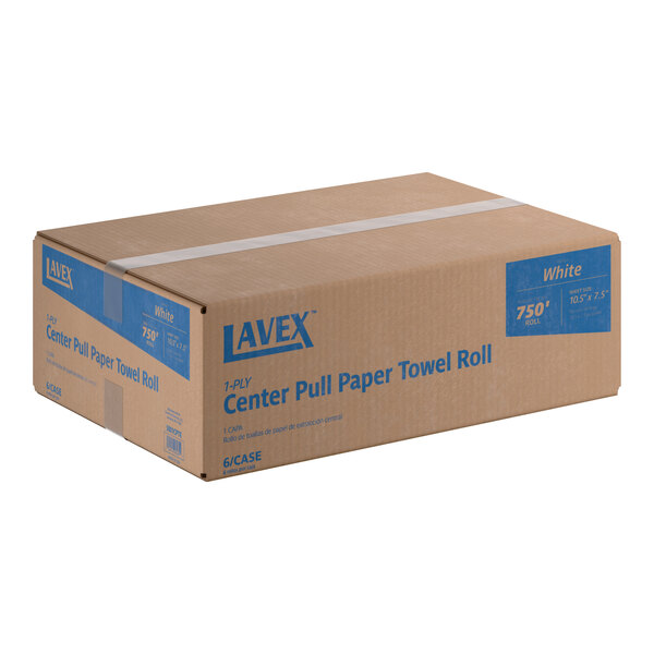 A cardboard case of Lavex 1-ply white center pull paper towel rolls, containing six 750-foot rolls.