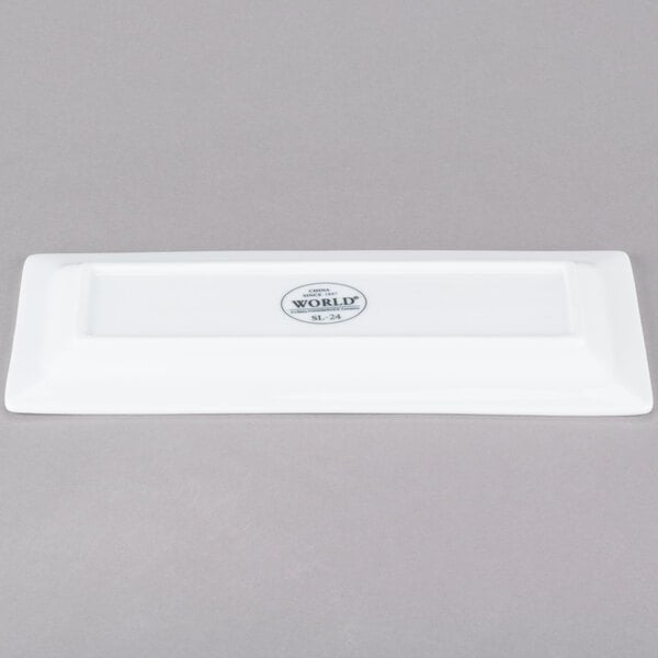 A white rectangular Libbey porcelain plate with a logo on it.