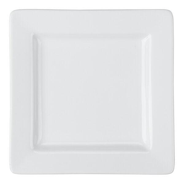 A white, square porcelain plate with a wide rim.