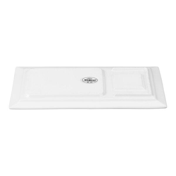 A rectangular white porcelain soup and sandwich tray with a wide rim.