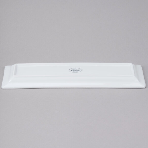 A white rectangular Libbey porcelain plate with a logo on it.