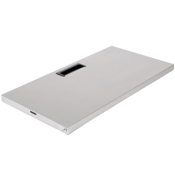 A rectangular metal door with a black handle on one side.