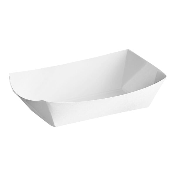 A white paper food tray with a curved edge.