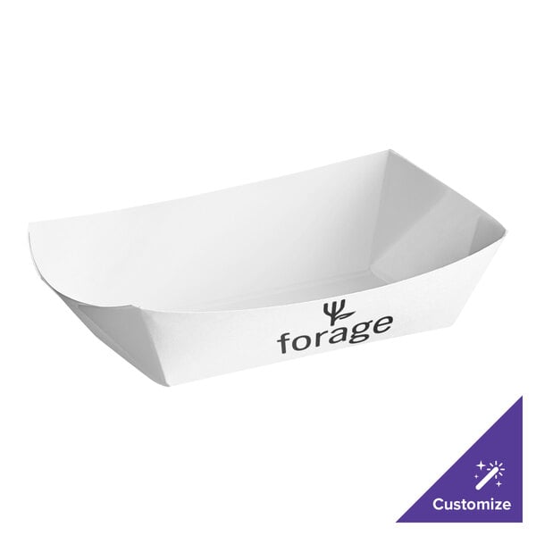 A white paper food tray with black text that says "Forge" and a logo.