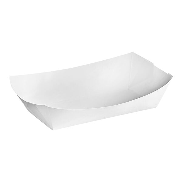 A white customizable paper food tray with a curved edge.