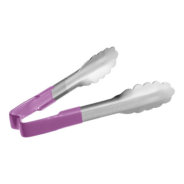 Two Vollrath Jacob's Pride tongs with purple Kool-Touch handles.