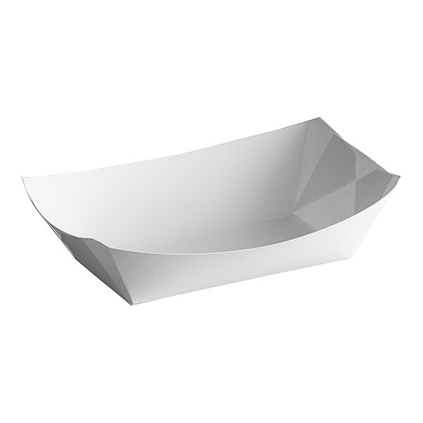 A white rectangular paper food tray with curved edges.