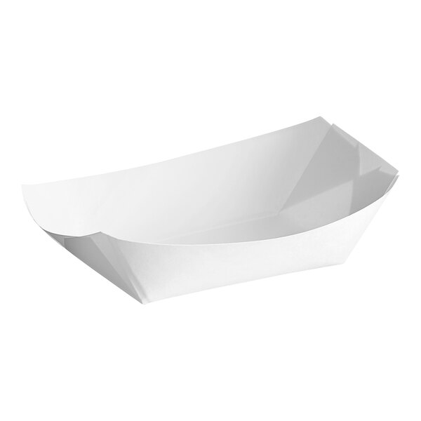 A white paper food tray with a boat shape.