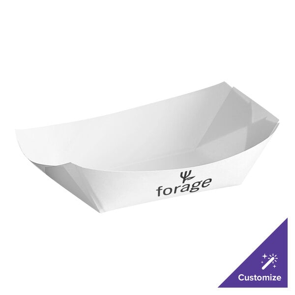 A white paper food tray with black text reading "Forge" on it.