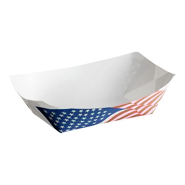 A white paper food tray with a USA flag design.