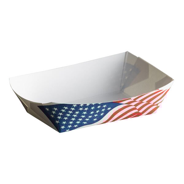 A white box of 1,000 paper food trays with a USA flag design on them.