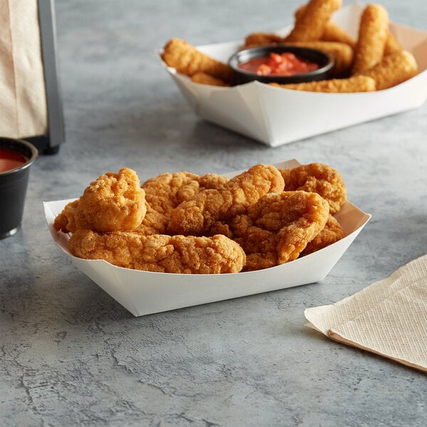 A white customizable paper food tray with fried chicken strips and sauces.