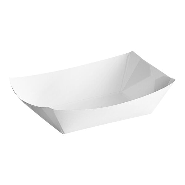 A white customizable paper food tray with a curved edge.