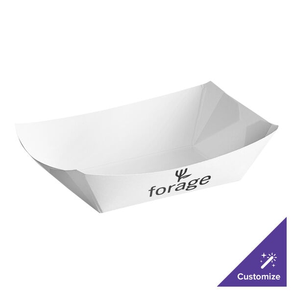 A white customizable paper food tray with black text that says "Forge"