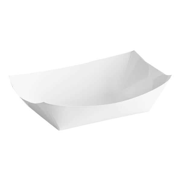 A white customizable paper food tray with a curved edge.