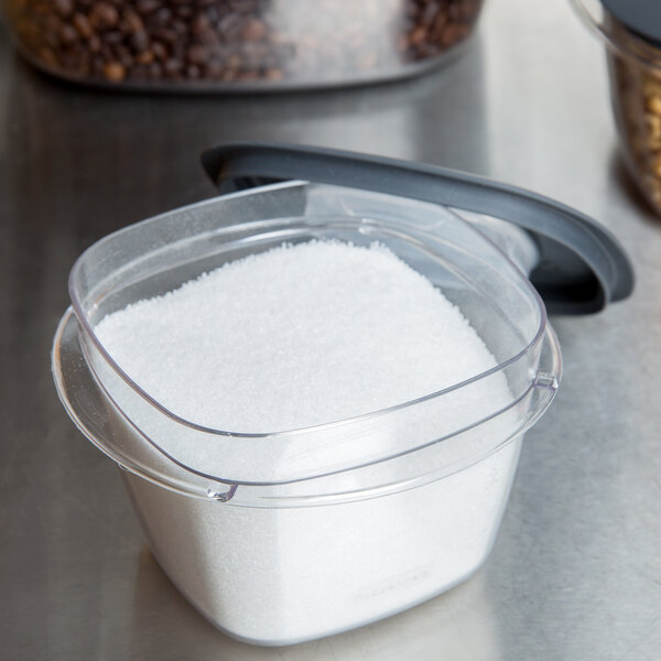 A Rubbermaid clear plastic container with white powder inside on a kitchen counter.