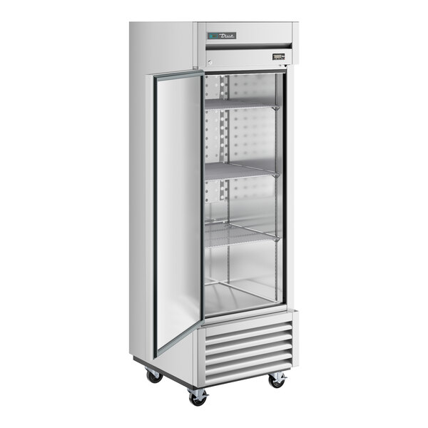 A stainless steel True reach-in freezer with a left-hinged door.