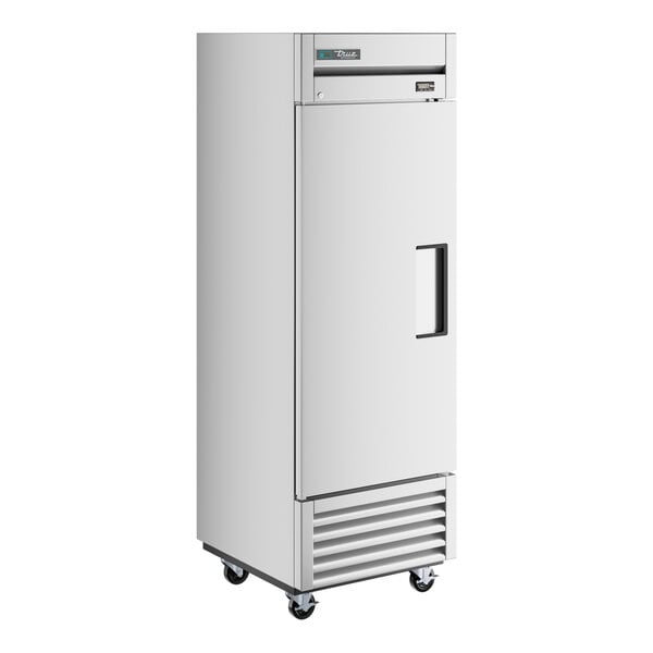 A stainless steel True reach-in refrigerator with a black handle.