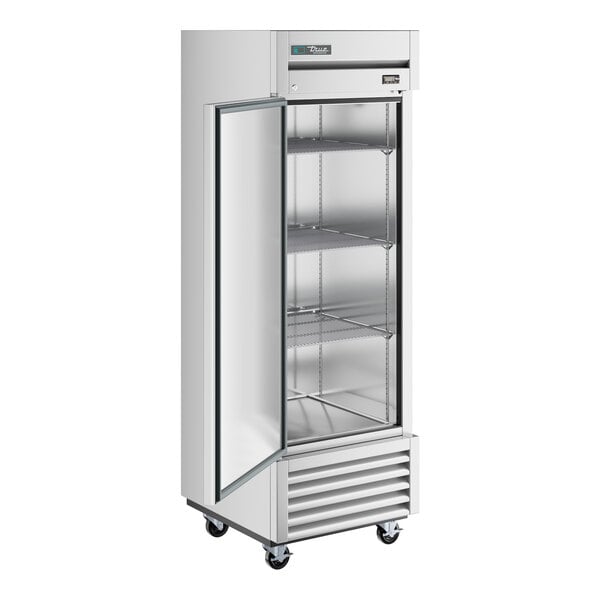 A silver True reach-in refrigerator with a left-hinged solid door.