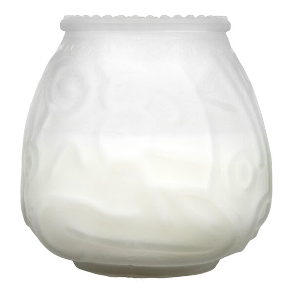 A frosted, translucent glass candle holder with a rounded shape and subtle decorative patterns.