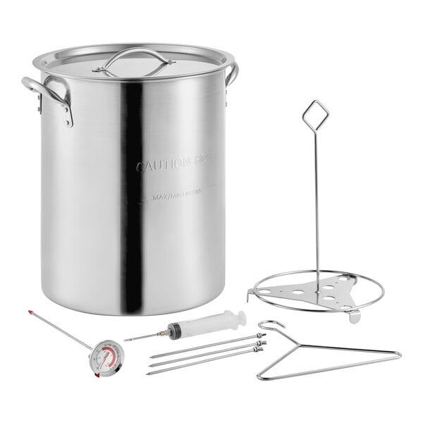 A 30-quart stainless steel stock pot with a lid, thermometer, injector, rack, and lifting accessories.