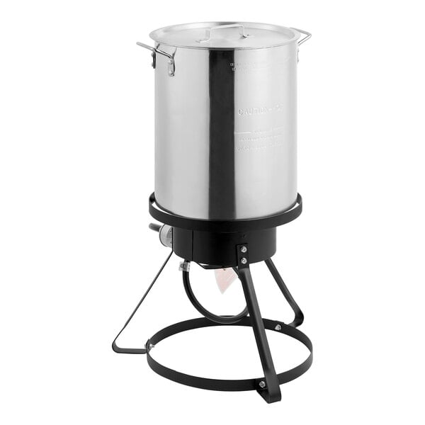 A 30-quart aluminum turkey fryer kit with a stock pot and stand, designed for outdoor cooking.