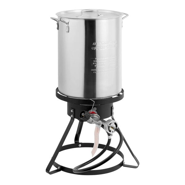 A 30-quart aluminum turkey fryer kit with a stock pot, lid, and a black metal stand with a propane burner and hose.