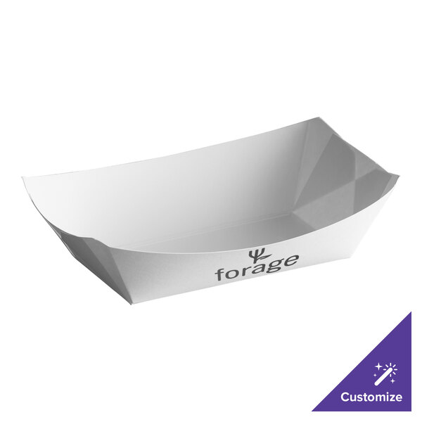 A white paper food tray with black customizable text that reads "Forge"