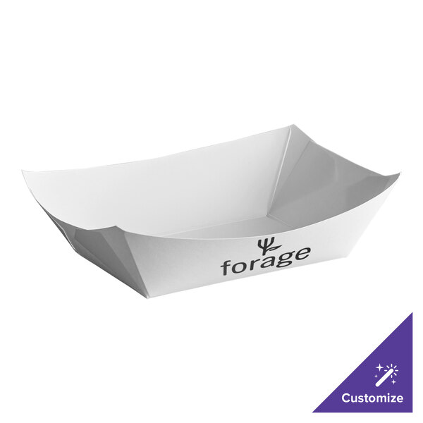 A white paper food tray with black text that says "250 2.5 lb."