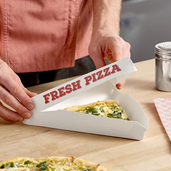 A white clay coated clamshell pizza slice box labeled 'Fresh Pizza' containing a single slice of pizza.
