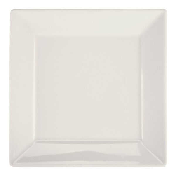 A square, ivory-colored plate with a smooth, glossy finish and slightly raised edges.