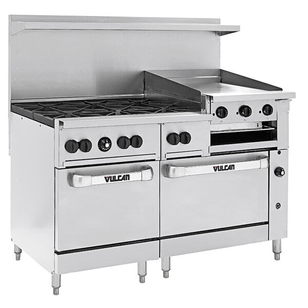 A Vulcan commercial range with griddle, broiler, and standard oven.