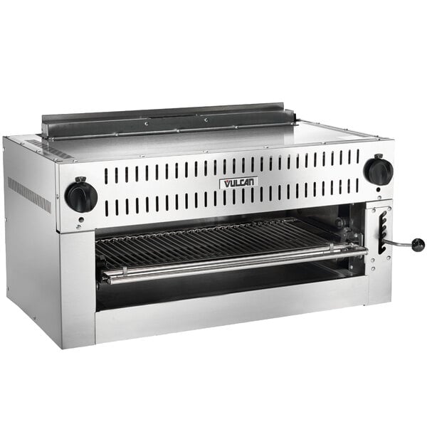 A close-up of the grill rack inside a Vulcan stainless steel infrared salamander broiler.