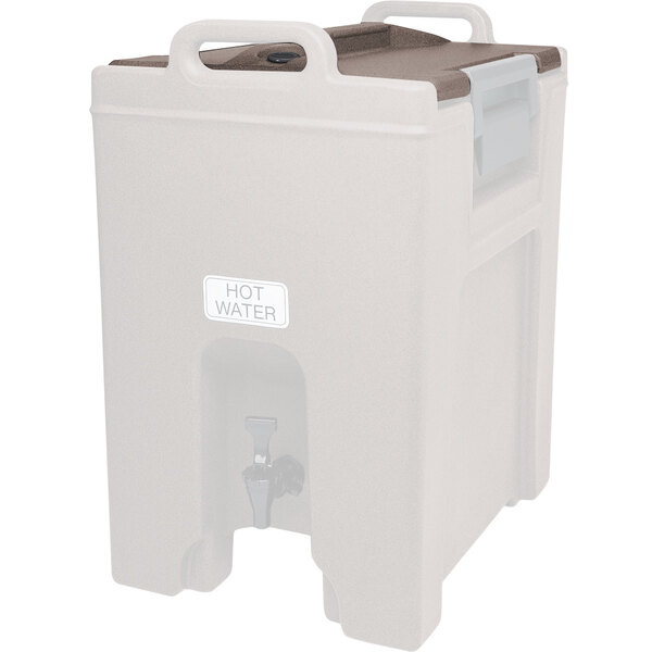 A white plastic Cambro Camtainer lid with a brown lid.