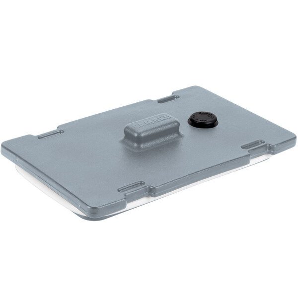 A grey plastic Cambro lid with a black button and rectangular gasket.