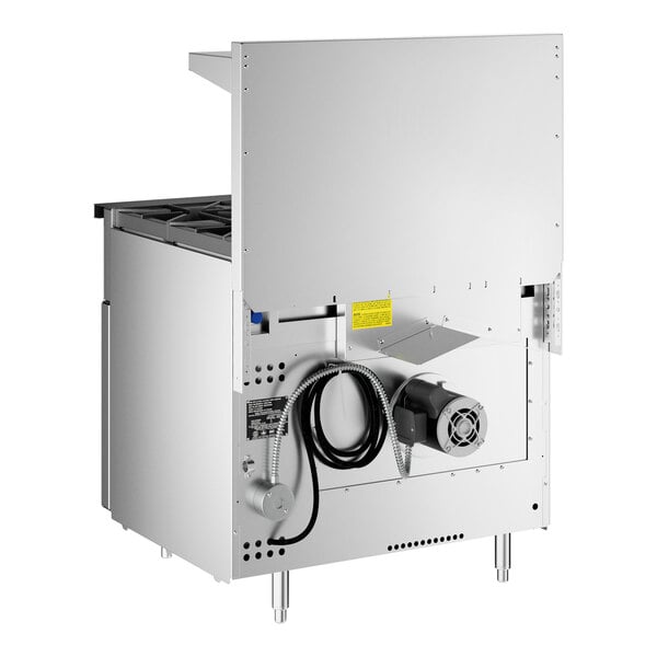 A commercial stainless steel 6-burner liquid propane range with a standard oven base, shown from the back.