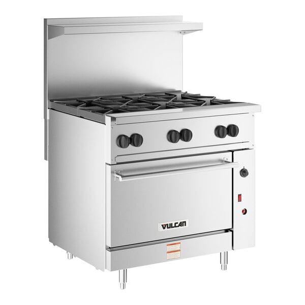 A commercial stainless steel 6-burner liquid propane range with a convection oven base.