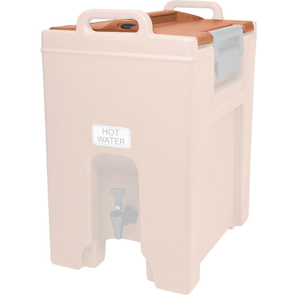 A beige plastic lid for a Cambro Camtainer with a handle.