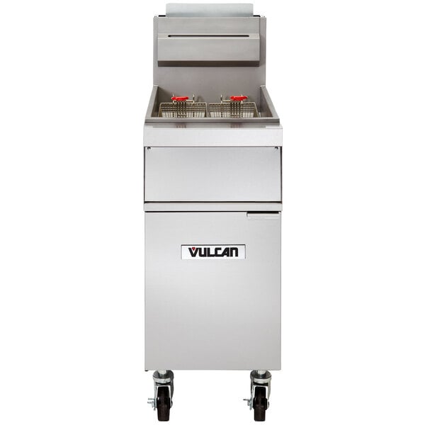 A large stainless steel Vulcan liquid propane floor fryer.