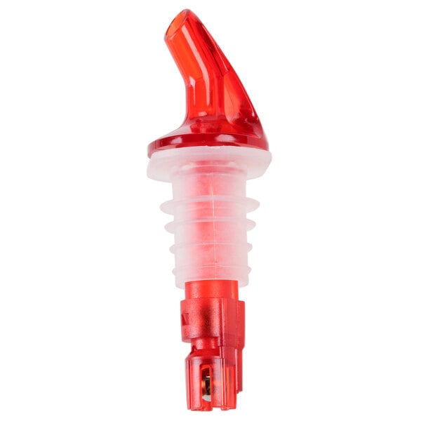A close-up of a red and clear Tablecraft liquor pourer.