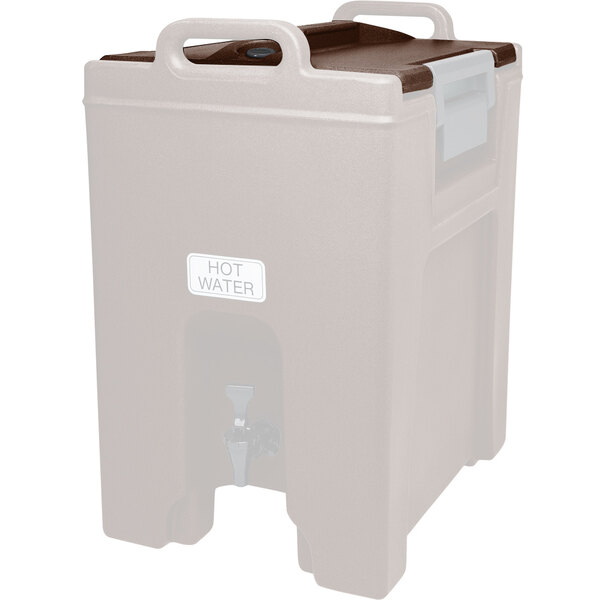 A dark brown plastic lid for a Cambro beverage dispenser.