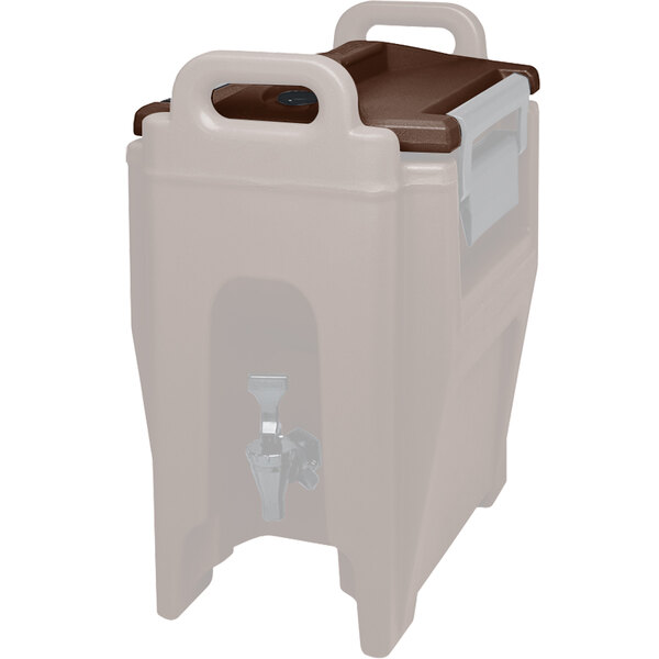 A dark brown plastic lid for a Cambro beverage dispenser with a handle.