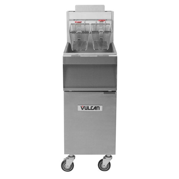A Vulcan 1GR35M-1 natural gas floor fryer with two baskets.
