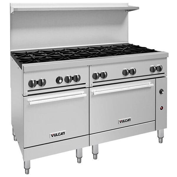 A Vulcan stainless steel gas range with black knobs.