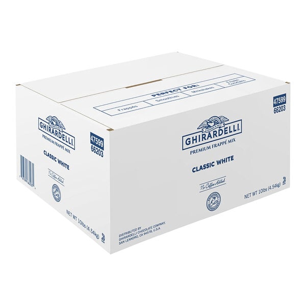 A white box of Ghirardelli Classic White Frappe Mix with blue text.