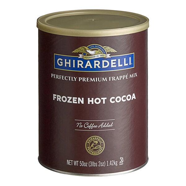 A Ghirardelli Frozen Hot Cocoa Frappe Mix container.