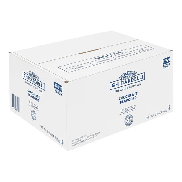 A white box of Ghirardelli Chocolate Frappe Mix with blue text.