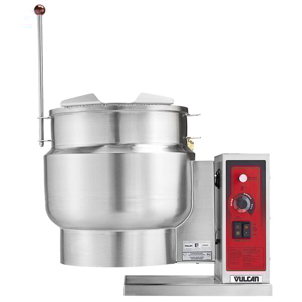 A large silver Vulcan steam kettle with a red control panel.
