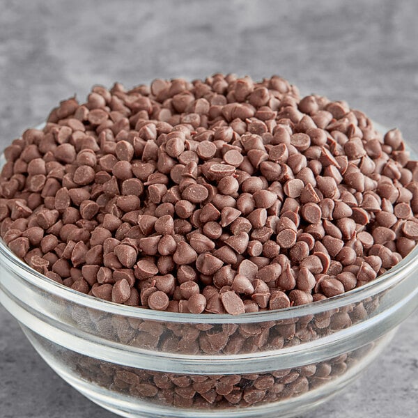 A bowl of Ghirardelli dark chocolate chips.
