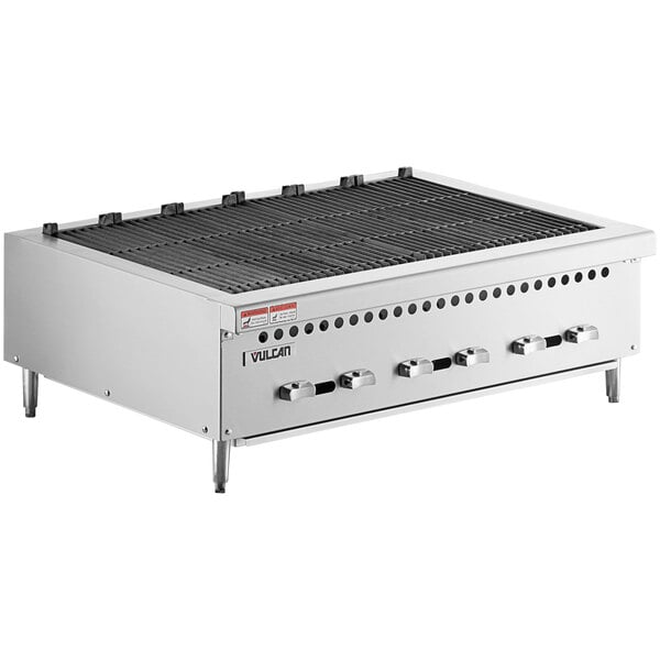 A Vulcan low profile radiant charbroiler on a counter with a black grate.